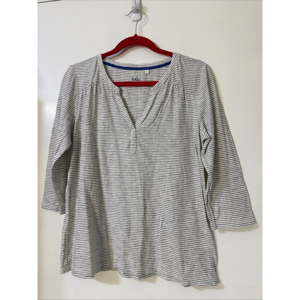 Boden The World Needs Cotton V-neck Top Navy White Stripe 3/4 Sleeve Size Medium